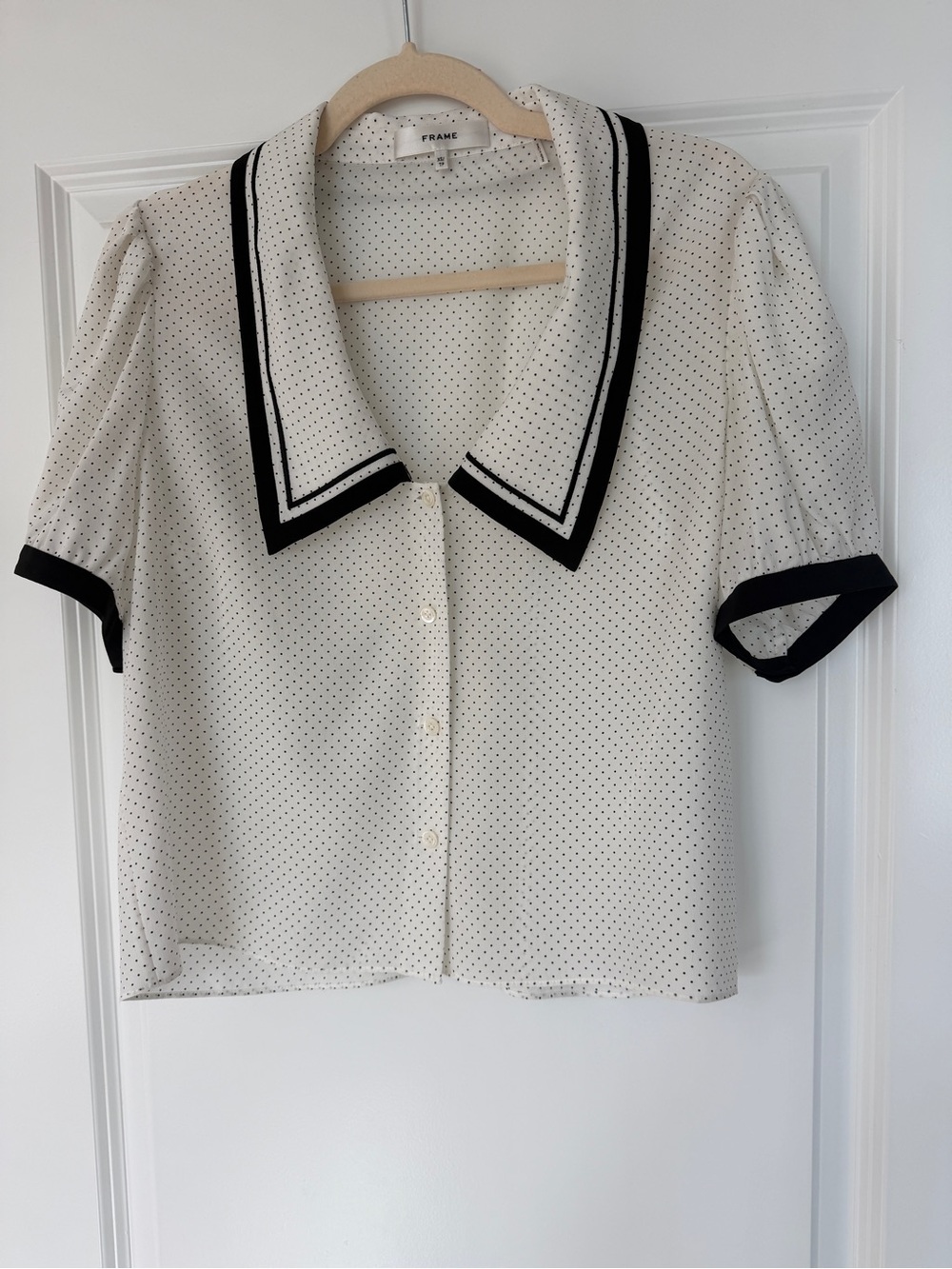 Frame Denim Ivory Polka Dot Blouse with Black Trimmed Sailor Collar